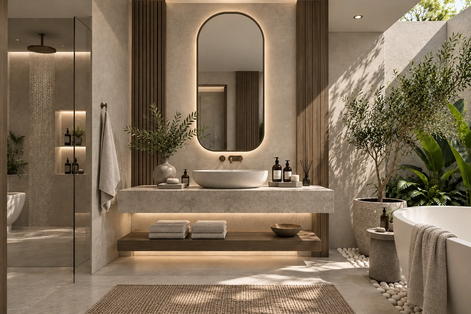 A contemporary spa bathroom with a freestanding bathtub and natural finishes