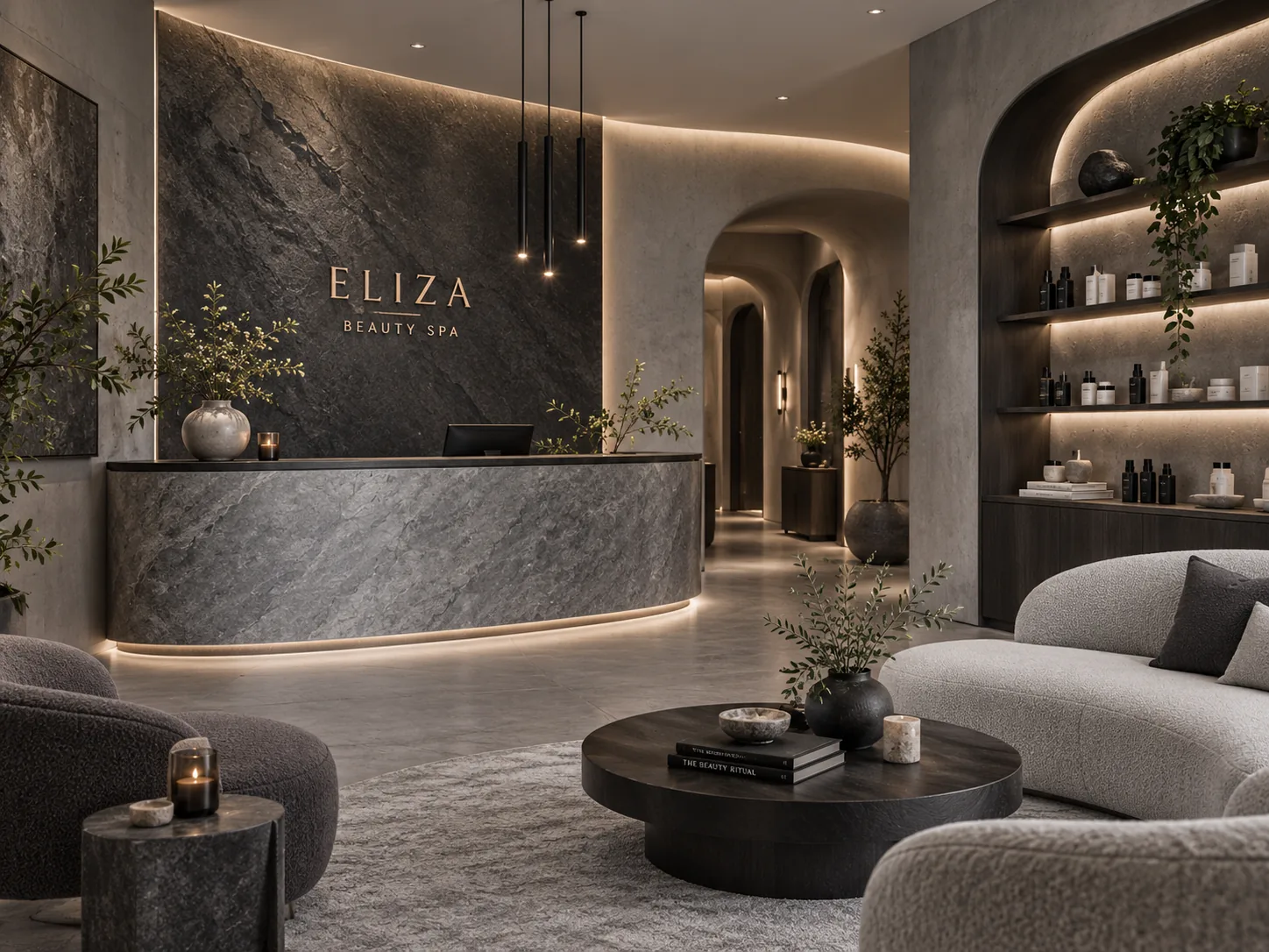 Luxury commercial beauty spa with reception counter and seating